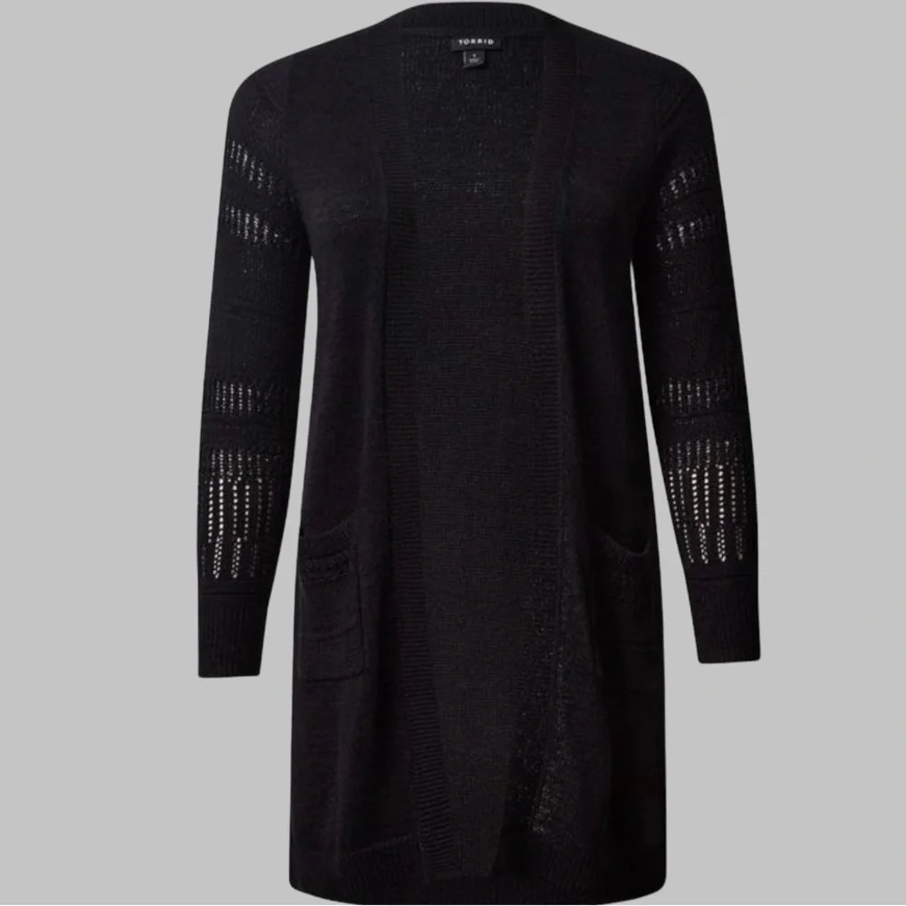 Torrid Black Duster Open Front Stitch Detail Sweater